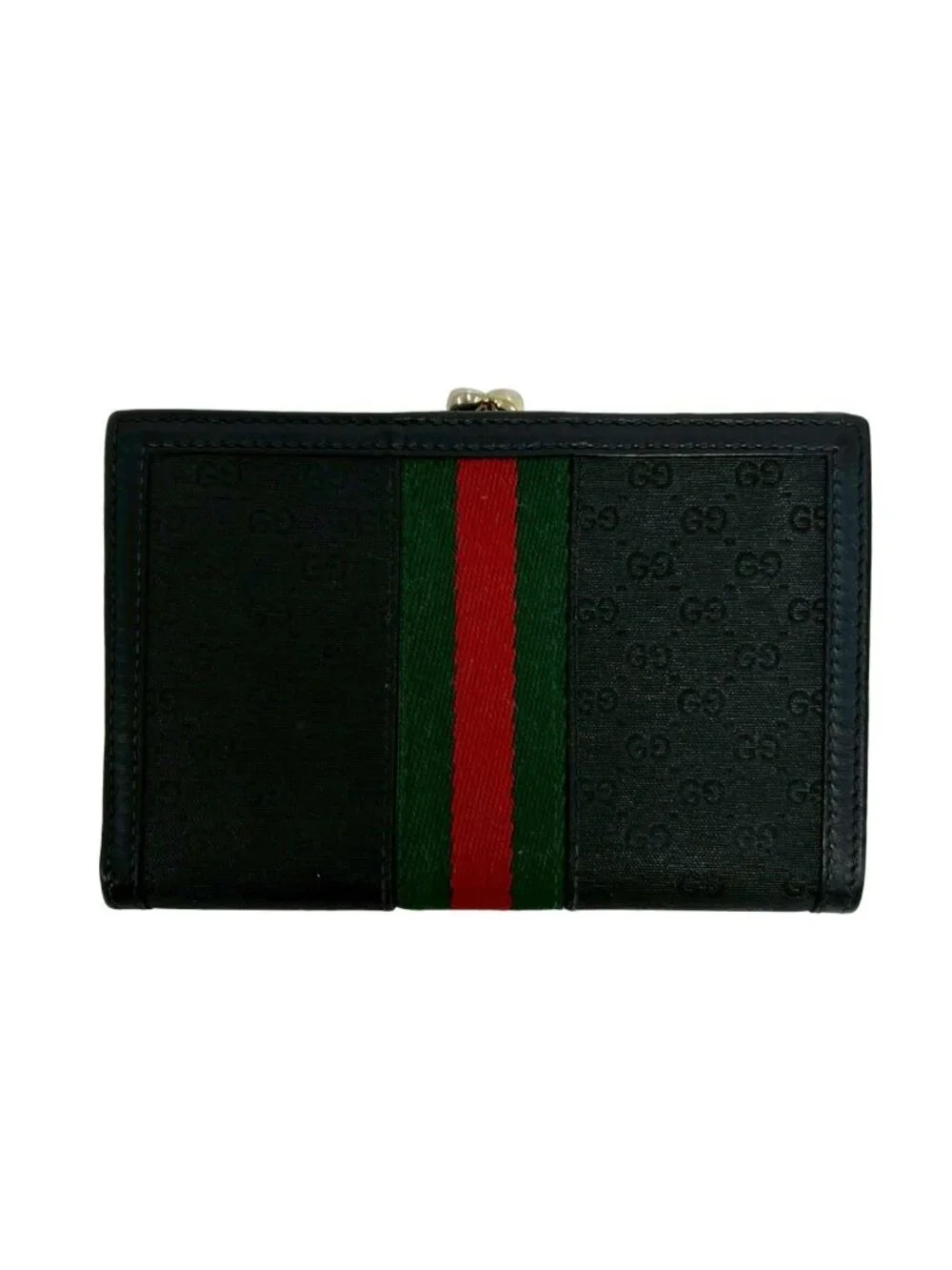 Gucci Vintage Sherry Line Micro GG Logo Leather Clasp Bifold Wallet Black - Picture 2 of 10